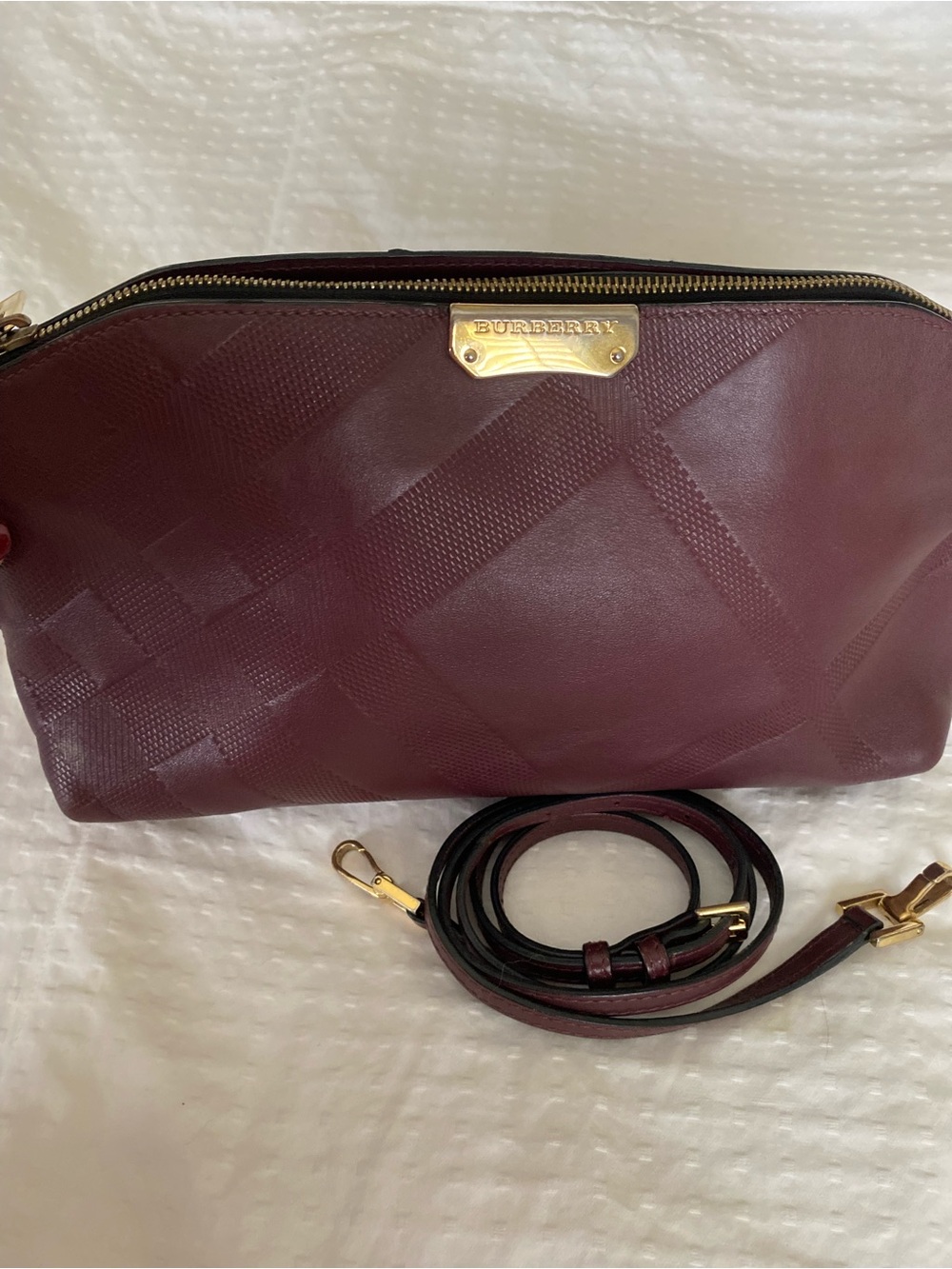 Authentic Burgundy Burberry Chichester Crossbody Bag with Gold Hardware